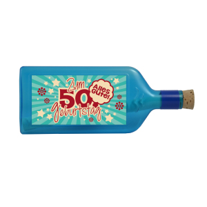Blaue Flasche mit Sujet: "Zum 50. Geburtstag - Alles Gute!"