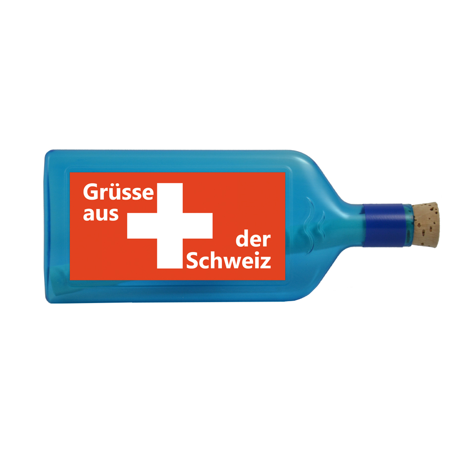 Blaue Flasche mit Sujet "Grüsse aus der Schweiz"
