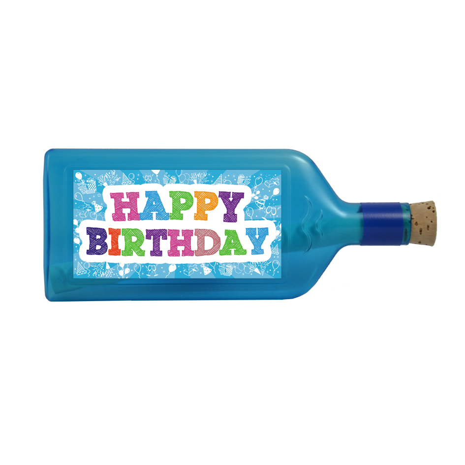 Blaue Flasche mit Sujet "Happy Birthday"