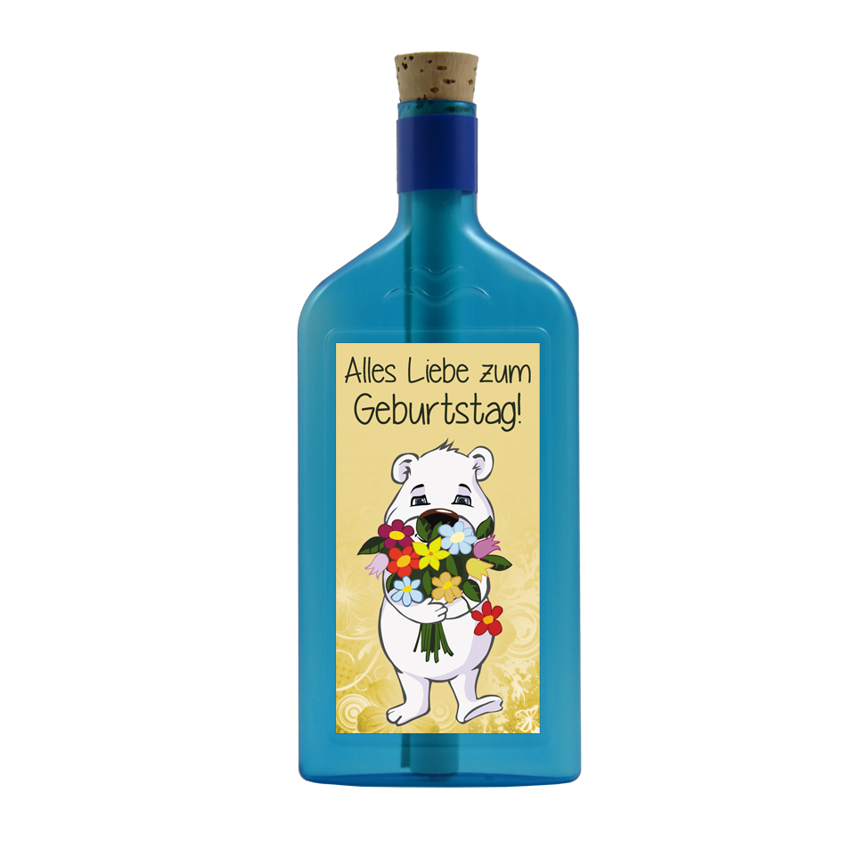 Blaue Flasche mit Sujet "Eisbär - Alles Liebe zum Geburtstag"