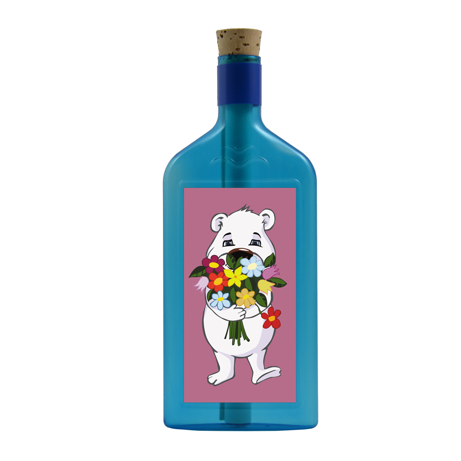 Blaue Flasche mit Sujet "Eisbär mit Blumenstrauss"