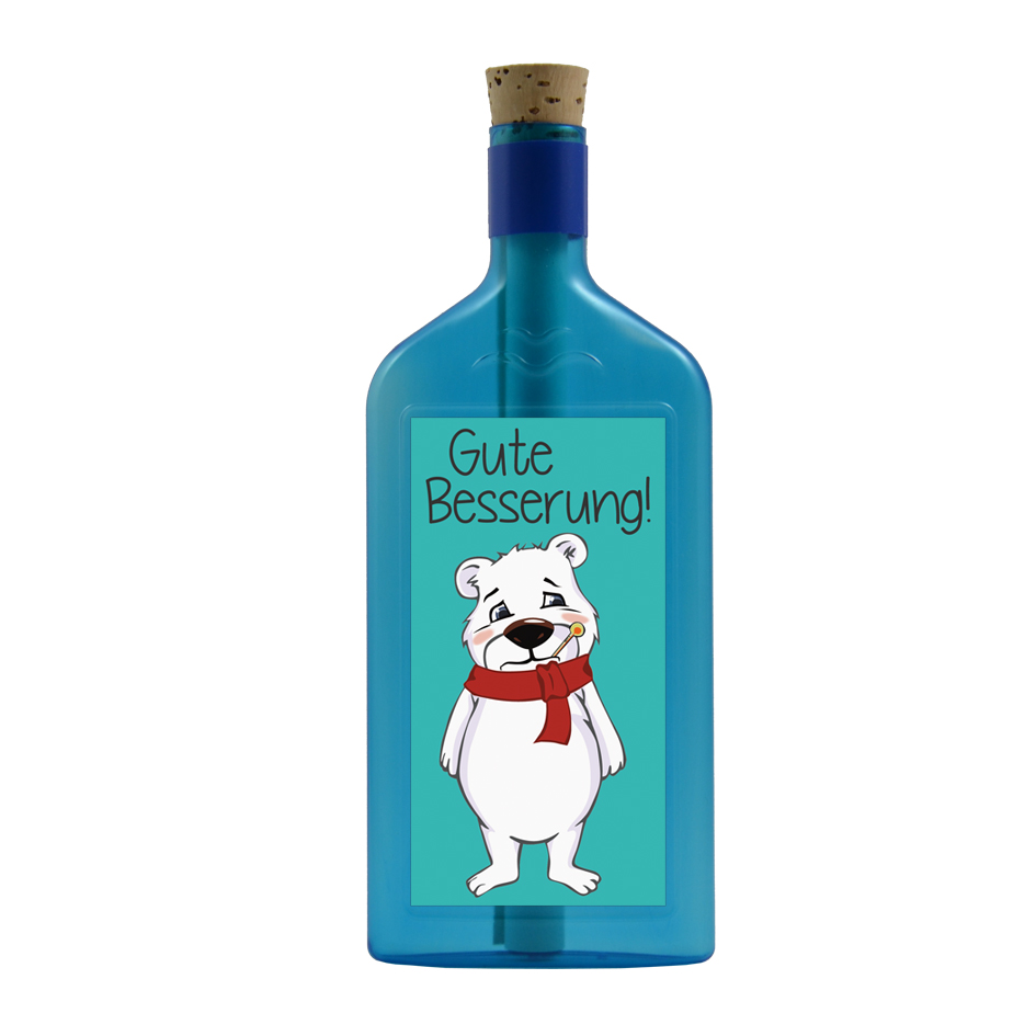 Blaue Flasche mit Sujet "Eisbär - Gute Besserung"