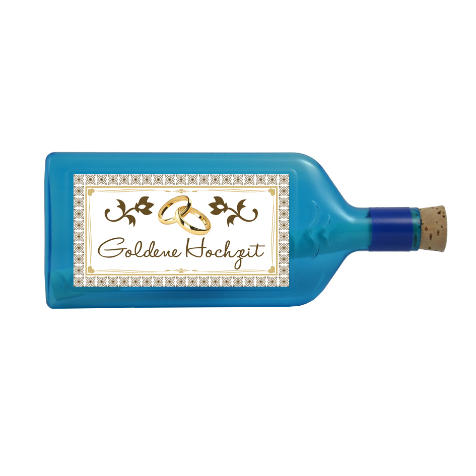Blaue Flasche mit Sujet "Goldene Hochzeit"