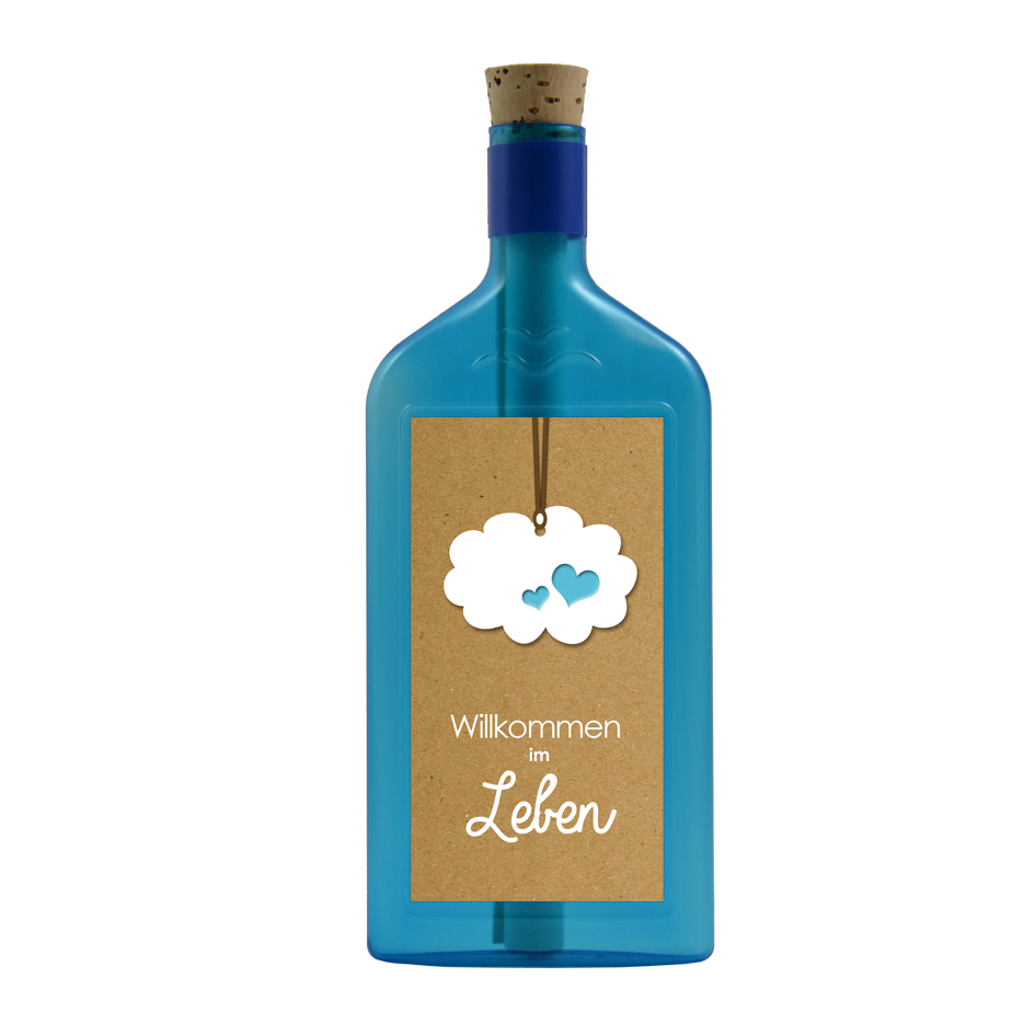 Blaue Flasche mit Sujet "Willkommen im Leben"