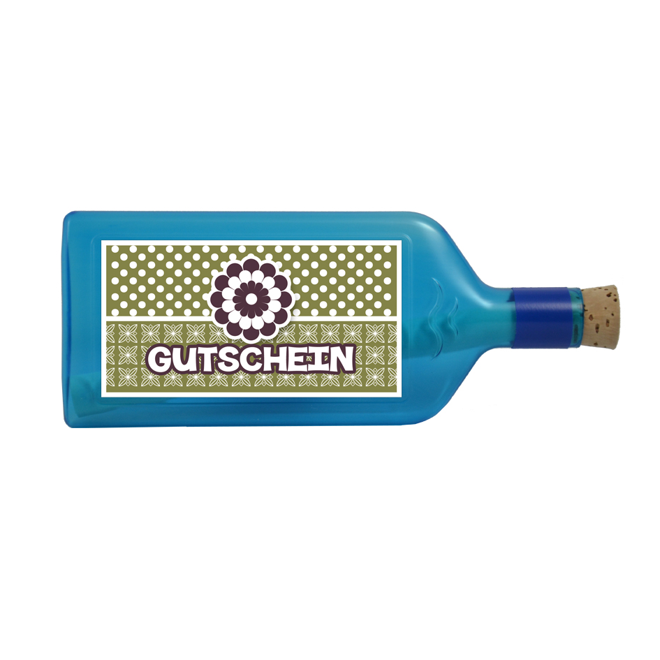 Blaue Flasche mit Sujet "Gutschein"