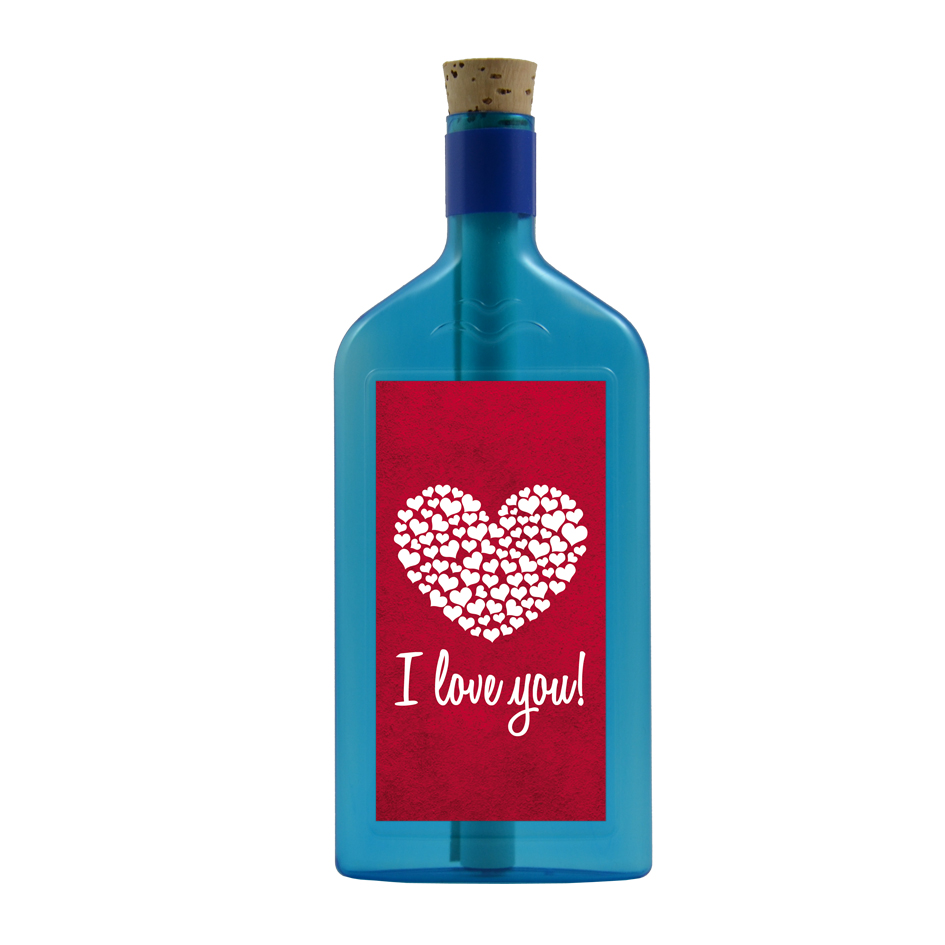 Blaue Flasche mit Sujet "I love you!"